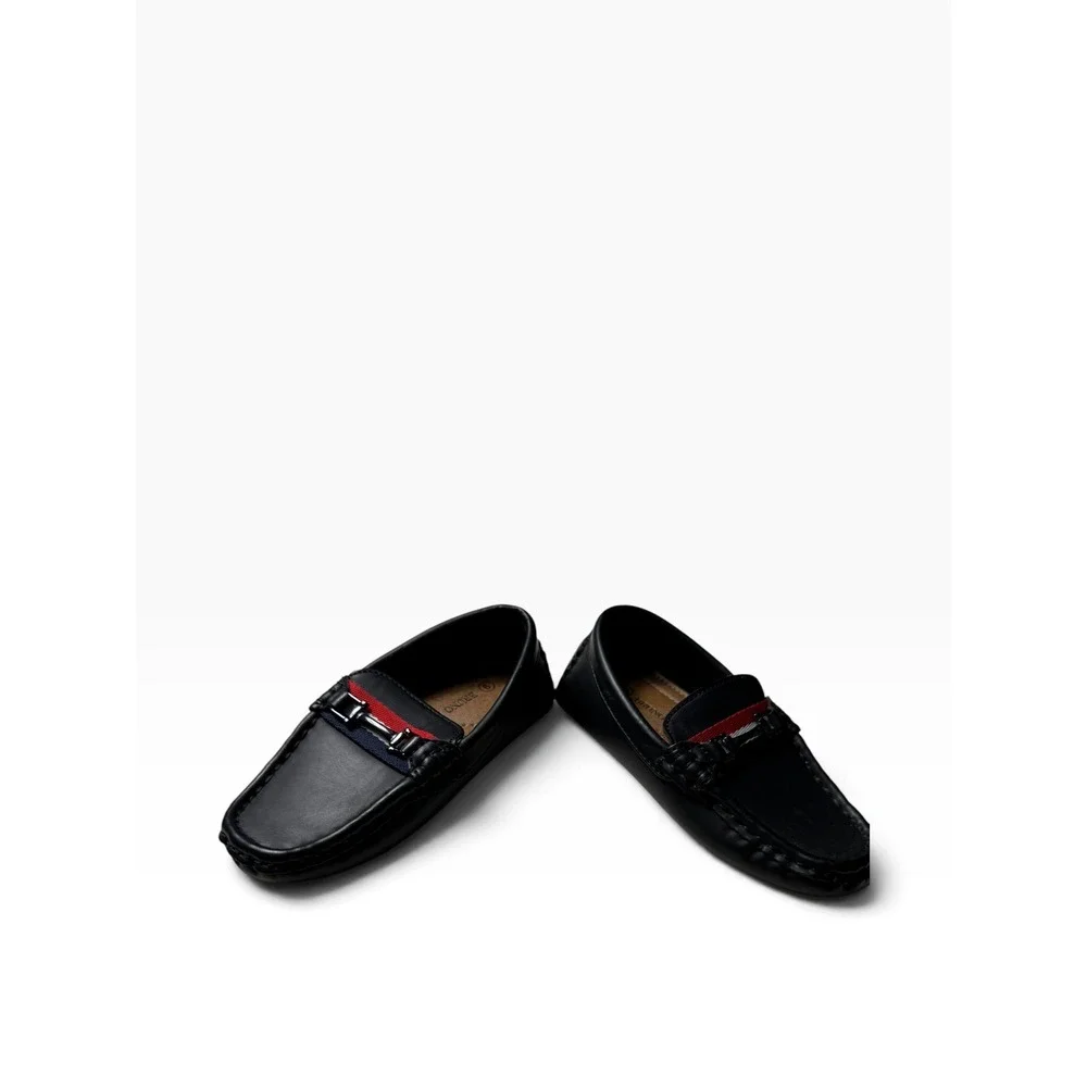 Bruno Marc Boys Black Loafers Driving Mocs Red White Blue Stripe Size 9 Toddler